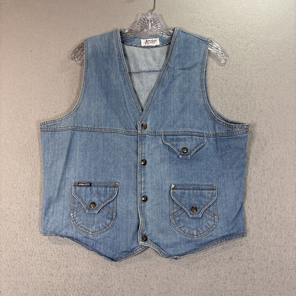VTG! "American Graffiti "Denim Vest Medium Wash Cinch Back L Y2K Preppy Academia